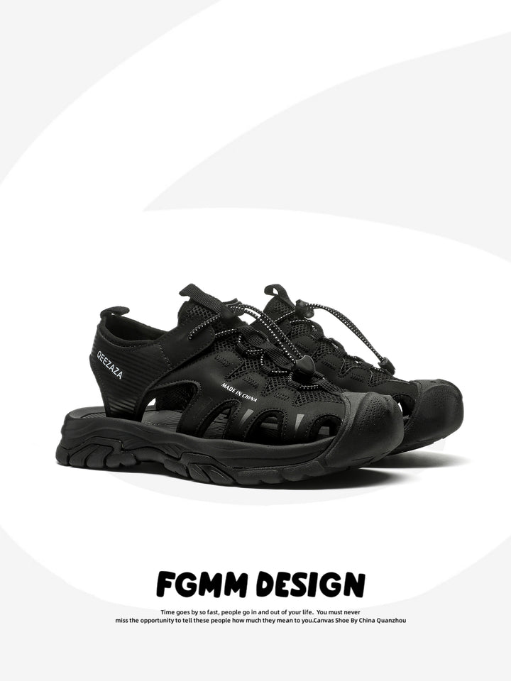 Fgmm Outdoor Wading Beach Shoes Men Sports Sandals Casual Men's Shoes Pure Black Daddy Closed Toe Hole Shoes