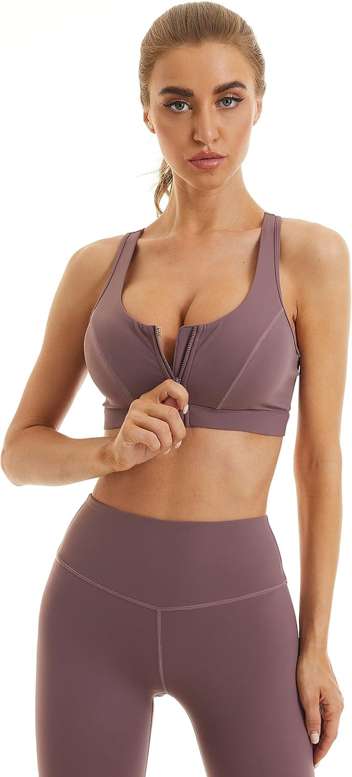 Womens Sports Bra with Zip Closure and Racerback,Wireless Bras,Four-Way Stretch Fabric with Removable Padded