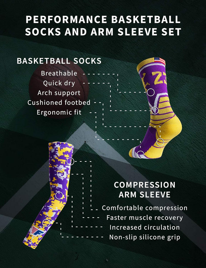 Youth Boys Basketball Socks Sports Athletic Mens Crew Socks with Basketball Arm Sleeve - Made in USA